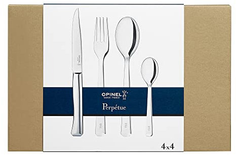 Opinel Tafelbesteck Set Perpétue aus pflegeleichtem Edelstahl, je vier Stück von Suppenlöffel, Messer, Gabel & Teelöffel, 16-teilig, spülmaschinenfest, 254614, Silber, 254615