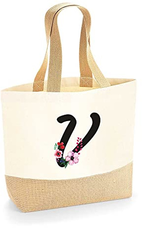 Colorfamily Borsa Mare Donna Grande Borsa Da Spiaggia con Iniziale Floreale - Lettera V - 100% cotone