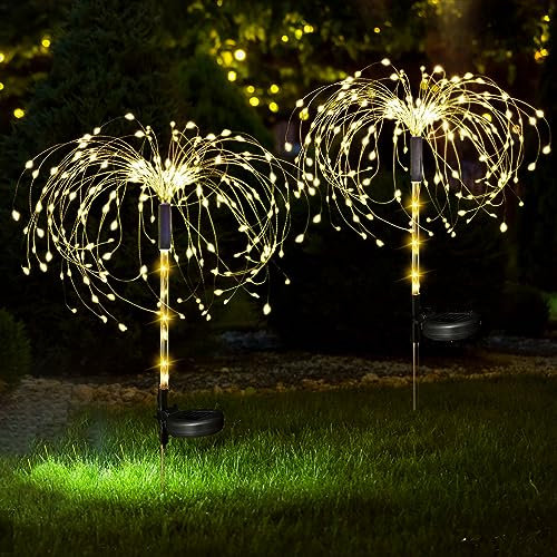 XRR Solarlampen für Außen Garten, 2 Stück 120 LED Solar Feuerwerk Licht 2 Modi Solarleuchten Weihnachten Garten Deko mit 7 Farbwechselnde Wasserdicht Gartenleuchten für Patio,Wege,Fest Deko(Warmweiß)