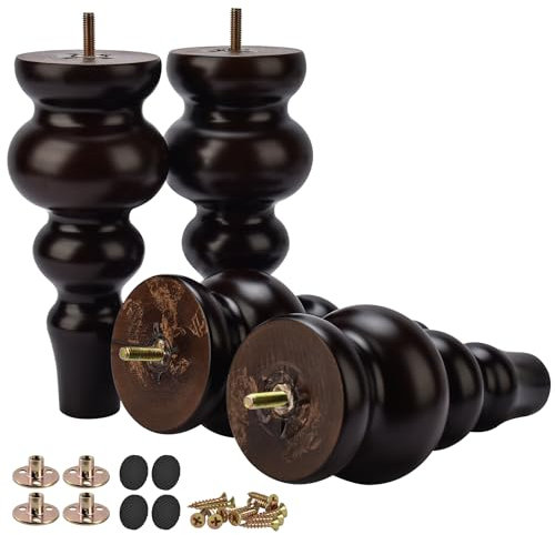 Btowin 9 inch / 22cm Solid Wood Furniture Legs, 4Pcs Large Turned Walnut Wooden Bun Feet with Threaded M8 Hanger Bolts & Mounting Plate & Screws for Sofa Couch Ottoman TV Stand Bed