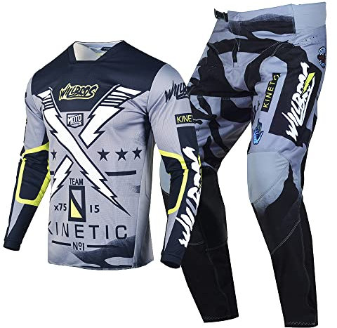 Willbros Motocross Jersey Hose Combo Erwachsene Offroad Reiten Passen MX Ausrüstungsset Dreckiges Fahrrad Grau (Jersey M Pants 32)