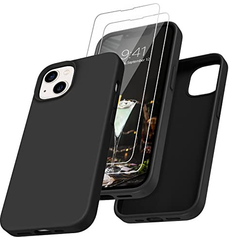DUEDUE Coque pour iPhone 13 avec 2 Verre Trempé, Etui pour iPhone 13 Silicone Liquide Antichoc, Doublure Micro-Fibre Velours Anti-Rayures, Protection Ecran de Téléphone pour iPhone 13, Noir