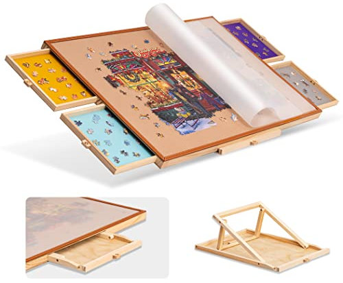 Tektalk tragbarer Puzzletisch mit Lederstange, verstellbarem Ständer/Halterung, 4 bunten Sortierschubladen und Flanelloberfläche, transparenter PP-Abdeckung, für bis zu 1500 Stück