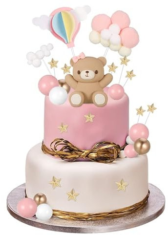 Auidy_6TXD Teddybär Kuchen Dekoration, Babyparty Deko Mädchen Junge, Teddybär Geburtstagstorte Deko, Pink&Gold Babyparty Cake Topper Kuchendekoration, Rose(Rosa)