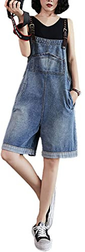 Sukany Classiche cinghie regolabili orlo con risvolto pantaloncini in denim casual con bretelle tute pantaloncini di jeans pagliaccetto, Blu, L