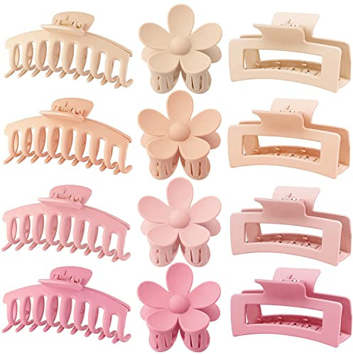 Lot de 12 grandes pinces à cheveux en forme de fleur pour cheveux fins, grand carré mat, forte tenue pour cheveux épais, 3 styles de pinces à cheveux pour femme, couleurs roses