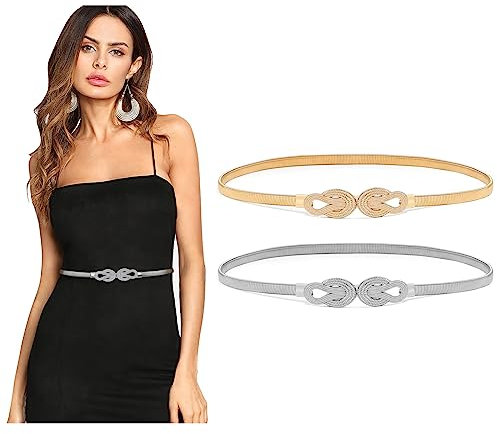 WERFORU 2 Stück Frauen Metall Dünner Gürtel für Kleid Gold elastische dünne Taille Gürtel Stretch Cinch Gürtel
