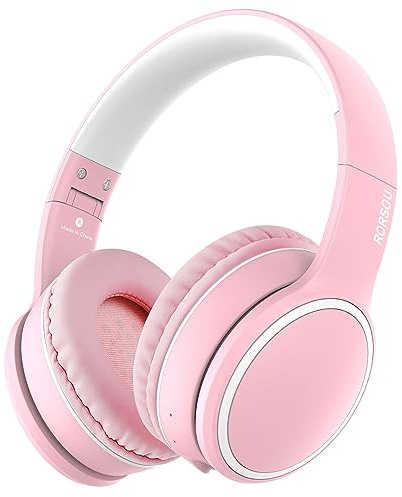 RORSOU B10 Bluetooth Headphones Over Ear, 2 EQ Music Modes(Normal/Bass) and 50H Playtime Wireless Headphones with Mic, Lightweight Folding HiFi Stereo Headset for iPad/Travel/Tablet/PC/Home Pink