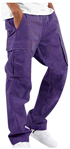 Wanderhose Herren Baggy Lang Sporthose Sommer Stoffhose Zip Off Hosen Security Breite Militär Cargohosen Freizeithose Trackpants Herrenjeans Hose F-Lila S 508