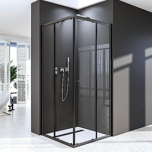 Duschkabine Eckeinstieg mit Schiebetüren 90x90 cm Duschkabine Eckeinstieg Doppel Schiebetür 6 mm ESG Sicherheitsglas Höhe 185 cm, Montage auf Duschwanne Oder Fliese,Schwarz, Ohne Duschwanne