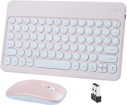 KeautFair Portable Wireless Bluetooth Keyboard and Mouse Mice Set,QWERTY Layout Round Keys Dual Cordless Rechargeable 10“ Slim Cordless 1200DPI for Windows/iOS/Android PC/Laptop/iPad/Smartphone(Pink)