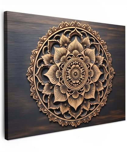 MuchoWow© Bild auf Leinwand 70x50 cm Schlafzimmer Bilder Wand Deko Wohnzimmer Modern Wanddeko Bilderwand Geschenk Mandala - Holz - Blumen - Braun