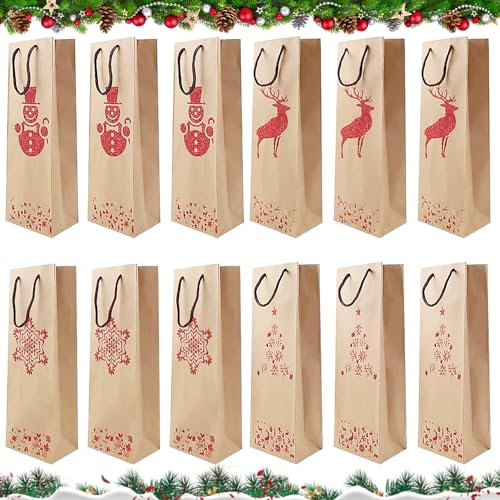 BNGXR Sacchetti Regalo per Vino, 4 Stili di Natale Bottiglia Singola, Sacchetti Vino Kraft Buste Carta con Manico Premium, Confezione per Feste di Natale per Vino, Whisky, Champagne