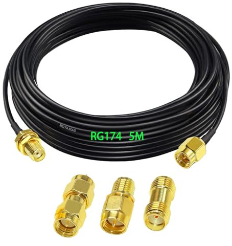 GTIWUNG RG174 Cable de Extensión de Antena SMA, 5m SMA Macho a SMA Hembra Cable Coaxial 5 Metros 16.4FT, Cable Alargador de Antena, WiFi FPV Cable de Antena de RP-SMA + 3 PCS Juego de adaptadores SMA