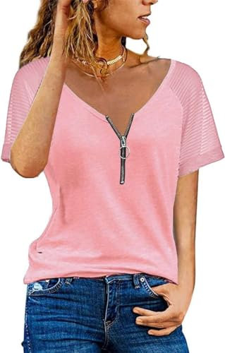 Teesho Donna Tshirt Collo a V Manica Corta Casual Tops Elegante Maglia a Righe Camicia di Cotone Tops Tunica (Rosa/S)