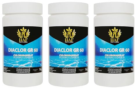 HAF® Schnelllösliches Chlorgranulat 3 kg mit hohem Aktivchlor Gehalt I Schnell wirkendes S-Granulat für Desinfektion von Pool, Schwimmbad & Whirlpool - Qualität: Made in Europe - Menge: 3 x 1 kg