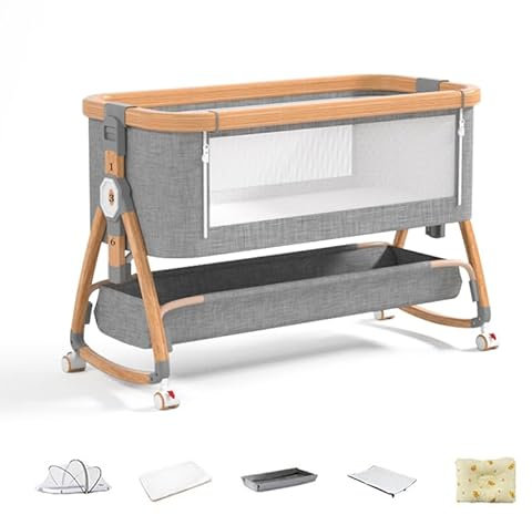 Joyeuse Planet - Beistellbett für Babys, sicheres Schlafen, Matratze aus Kokosfaser, Wickeltisch, einfach zu montieren und zu falten, tragbares Kinderbett für Neugeborene (Woody)