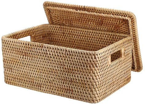 IGNPION Cesta de almacenamiento de ratán con tapa, cesta de almacenamiento decorativa de mimbre para estantes, caja de almacenamiento tejida para baño, armario y mesa, contenedor de almacenamiento