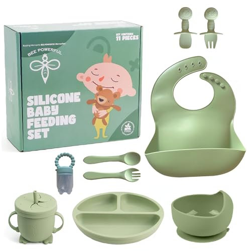BEE POWERFUL Vajilla Bebe Silicona - Platos Bebe, Plato Bebe Ventosa, Vajilla Infantil, Plato Antivuelco Bebe, Cubiertos Bebe, Cuchara y Tenedor Bebe para Aprendizaje, 11 Piezas de Vajilla Bebe