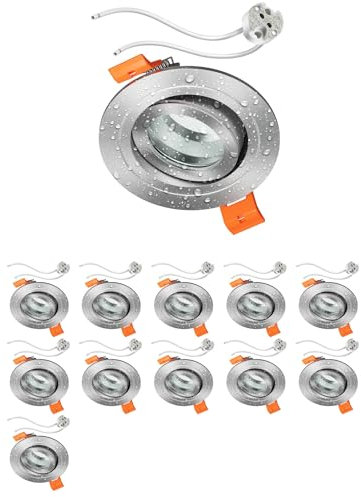 ledscom.de 12 Stück Bad-Deckeneinbaurahmen ERID, Feuchtraum, Badezimmer, IP44, rund, schwenkbar, aluminium matt, inkl. GU5.3 Fassung