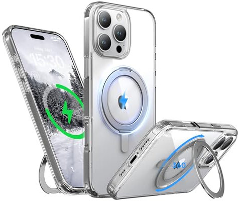 Niunisi Stand for iPhone 16 Pro Case, [Compatible with Mag Safe] 360° Rotatable Ring Holder Kickstand Military Shockproof Protective Case for iPhone 16 Pro 6.3 Inch, Clear