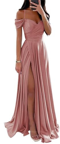YIANN Robe de demoiselle d'honneur en satin à épaules dénudées pour femme avec fente plissée, vieux rose, 44