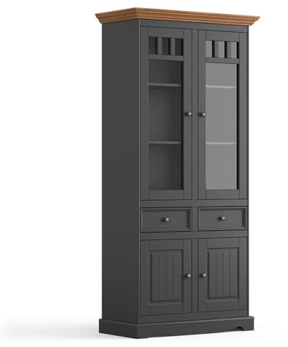 Lomadox Wohnzimmer Esszimmer Vitrine Schrank Vitrinenschrank 90cm, Massivholz in grau mit Eiche Optik