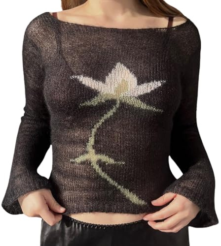 YILEEGOO Women's Floral Print Knitted Tops Long Sleeve Boat Neck Slim Fit T-Shirts Sheer Sexy Knit Sweaters
