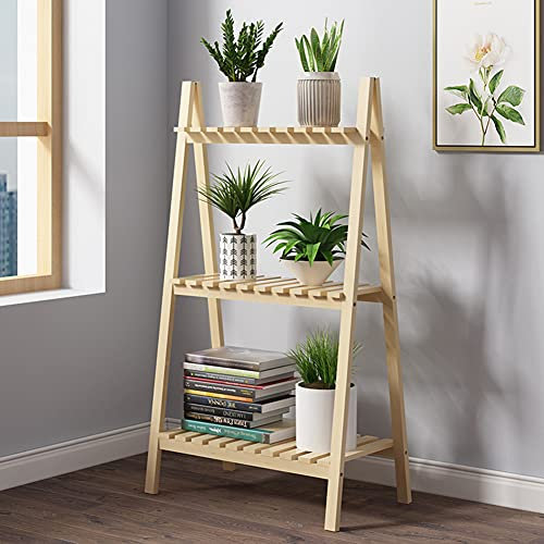 Bücherregal mit 3 Etagen, Holzleiter mit Lattenrost, Weiß/Natur/Antik-Finish, 50,8 x 27,9 x 89,9 cm