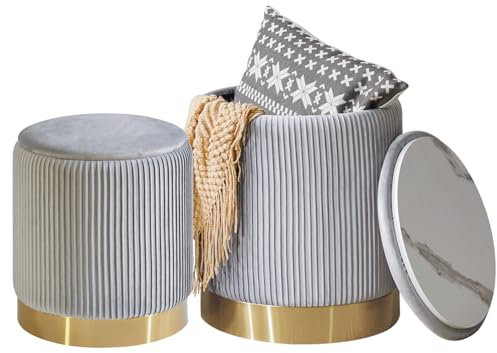 IBUYKE Set von 2-runden Ottoman mit Lagerung für Metallring Dekoration, Samt Eitelkeitshocker für Make-up, moderner gepolsterter Sitz Couchtisch, Mehrzweckfußstütze Hocker für Wohnzimmer, Grau WBD016G