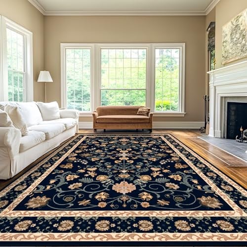 Luogort Schwarz Teppich Wohnzimmer 200x300cm, Waschbarer Vintage Teppich Kurzflor Teppiche mit Rutschfester Rückseite – Weich, Kindersicher & Pflegeleicht für Büro Esszimmer Kinderzimmer