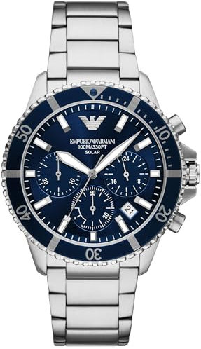 Emporio Armani Watch for Men, Chronograph Movement and 46mm Case Size with Stainless Steel, Leather or Silicone Strap Blau und Silber, 43.5MM