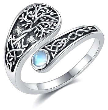 Bague arbre de vie en argent sterling 925 - Nœud celtique - Pierre de lune - Cuillère réglable - Bague de pouce ouverte - Bijoux pour femmes et filles - Mère - Arbre de vie, Métal précieux, Aucune
