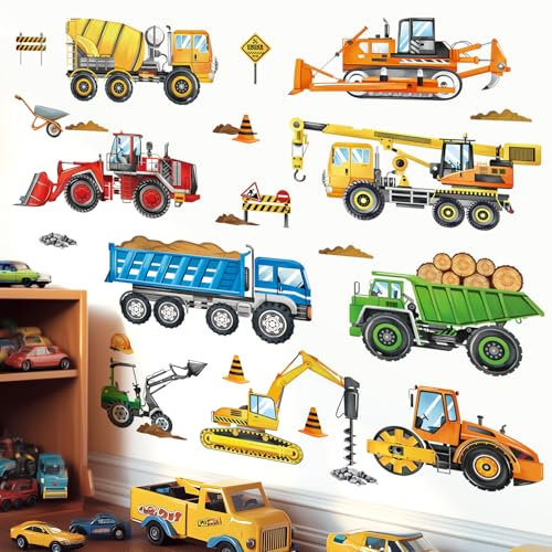 decalmile Wandsticker Kinderzimmer Bagger Fahrzeuge Wandtattoo Baustelle Traktor Auto Wandaufkleber Junge Babyzimmer kinderzimmer Wanddeko