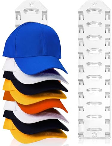 Confezione da 2 organizer per cappelli da baseball, porta cappelli per base a parete, può contenere fino a 20 cappelli da parete, ganci per cappelli per porte e armadi (trasparente)