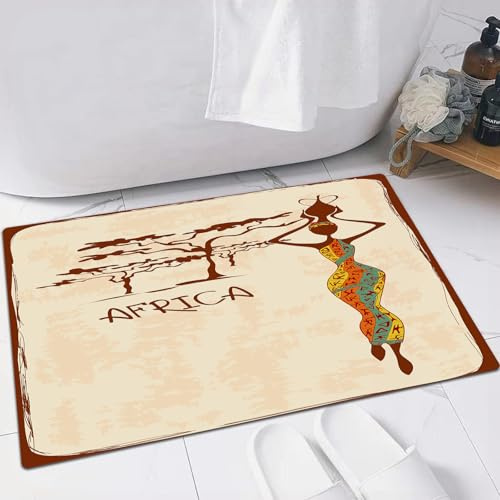 FSDGY Badvorleger Fußmatte Flauschig Teppich Badezimmerteppich Duschmatte für Bade & Wohnzimmer Schlafzimmer,Afrikanische Frau, Vintage Afrika Themen Illustration schlanke ind,60x90 cm