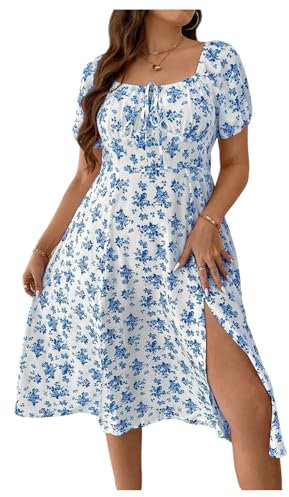 GORGLITTER Women's Plus Size Floral A Line Flared Flowy Dress Square Neck Puff Sleeve Tie Front Slit Midi Milkmaid Dress Blue 3X-Large Plus