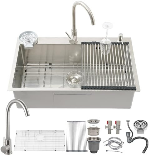 HZKSINNK 70x50cm Fregadero Cocina 1 Seno, Grande Acero Inoxidable 50cm de ancho Fregadero sobre Encimera, Cuadrado Fregaderos Un Seno con 3 agujeros, Sifón, Dispensador de Jabón y Juego de Desagüe