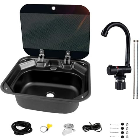 WANGCEPLSD Spülbecken Edelstahl, RV Wohnmobil Spülbecken mit Klapphähnen Und Glasabdeckungen, mit Wasserzulauf- Und -ablaufgarnitur, für Wohnmobilanhänger, Caravan Und Yachten, 42x37x15cm, Schwarz