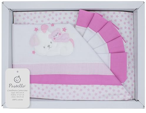 PASTELLO - 3-teiliges Kinderwagen, 100 % Baumwolle für Neugeborene, Bettwäsche mit Stickerei (Art. LC7F, Rosa)