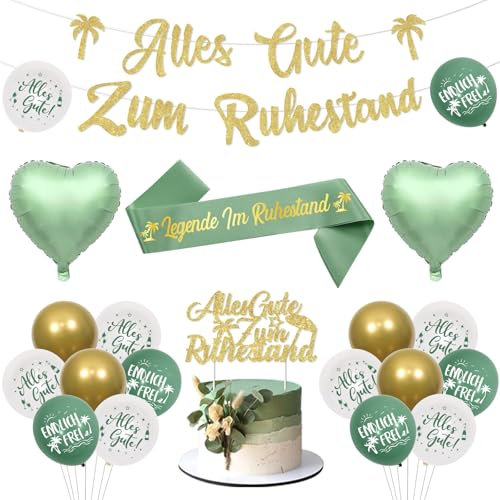 Jollyboom Rente Deko, Alles Gute Zum Ruhestand Girlande Banner Luftballons Tortendeko Legende I'm Ruhestand Schärpe Salbei Grün Gold Endlich Frei Ballon für Frauen Männer Abschiedsfeier Rente Party