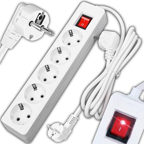 Retoo Multiprise 5 prises avec interrupteur et câble de 5 m - Protection contre les surtensions - Multiprise avec prise secteur et coudée - Distributeur pour la maison et le bureau - Blanc