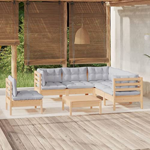 Emmtore Kiefernholz Gartenmöbel 6-TLG. mit Kissen Weiß Ecksofa Mittelsofa Fußhocker Tisch Sitzgruppe Sofa Lounge Garten Garnitur Gartensofa Gartenset,Braun und Grau