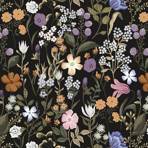CiCiwind Self Adhesive Wallpaper 17.32in×394in Peel and Stick Vinyl Wrap Black Floral Contact Paper Thicken Sticky Back Plastic Living Room Bedroom Bathroom Stick on Wallpaper