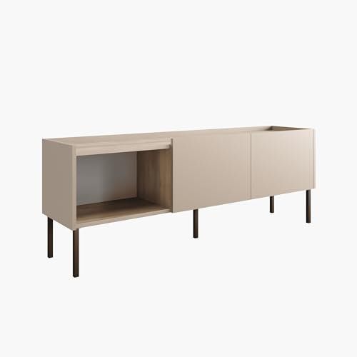 PLATAN ROOM Lowboard Duo 150 x 35 x 55 cm – Modernes TV-Board mit Push-to-Open, Fernsehschrank mit Metallfüßen, TV-Schrank für Wohnzimmer, Mattes Finish, Egger-Platte (Kaschmir/Akazie Lakeland)