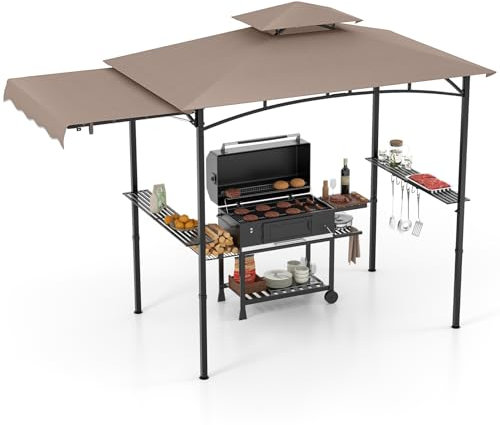 GOPLUS Cenador de Barbacoa 318 x 153 cm, Carpa Exterior con Ddoble Techo y Toldo Lateral, 2 Estantes, 6 Ganchos, Abrebotellas, Refugio de Parrilla para Jardín Patio Piscina (Marrón)