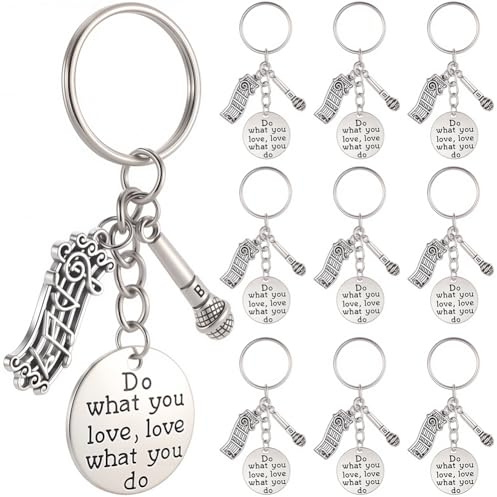 SUNNYCLUE 1 Box 20 Sets Music Themed Keychain Pack Microphone Key Chain Bulk Metal Silver Musical Instrument Note Inspiration Words Charms for Handbags Party Wedding Favor Diy Purse Supplies Adults