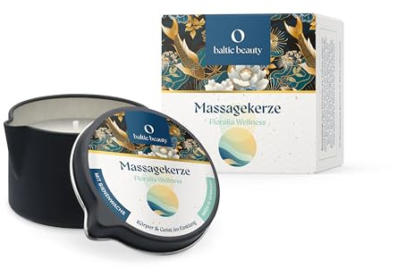 Baltic Beauty Massagekerze Floralia – Massageöl-Kerze schmilzt zu warmem Massage-Öl – blumiger Duft nach Rosenholz & Magnolie – mit Bienenwachs – Geschenk, Dose mit Ausgießer, 80 ml