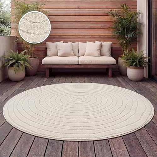 Paco Home Teppich Outdoor Wetterfest, Moderne abstrakte Boho Designs mit 3D Struktur, Pflegeleicht, ideal für Terrasse Wohnzimmer & Küche, Grösse:160 cm Rund, Farbe:Creme 11