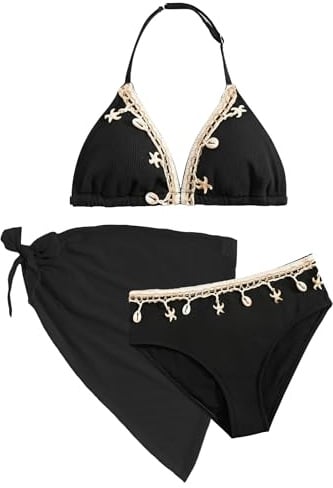 Maeau Bikini Maillot de Bain Coquilles 3 Pièces pour Fille 8-12 Ans, Haut de Bikini+Culotte+Jupe, Ensemble de Natation, Plage, Piscine